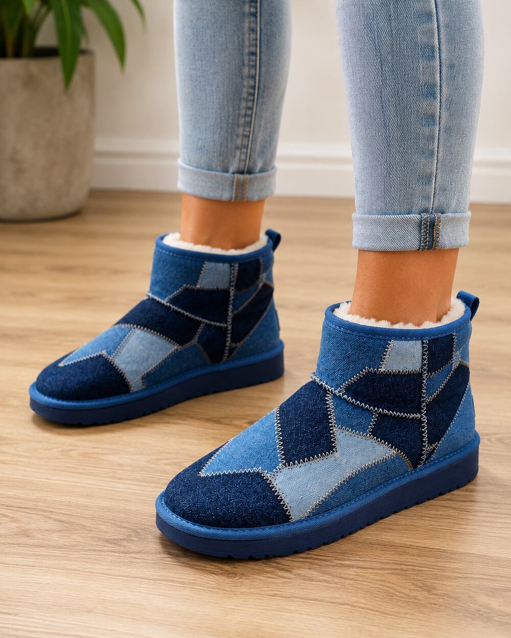 Lamo Women's Denim Patchwork Faux Fur Mini Winter Slippers Size 10